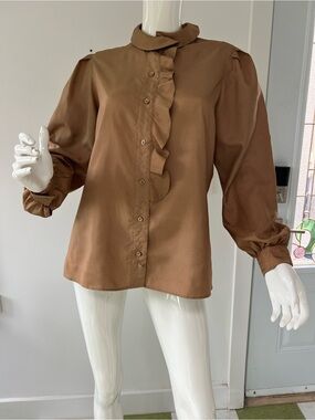 chocolate brown ruffled blouse  a Victorian style Union made Made in USA